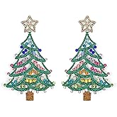 Flyonce Christmas Tree Earrings, Sparkly Rhinestone Crystal Large Statement Wishing Tree Drop Dangle Earring Xmas Festival Holiday Jewelry Gift for Women Red Green Gold-Tone