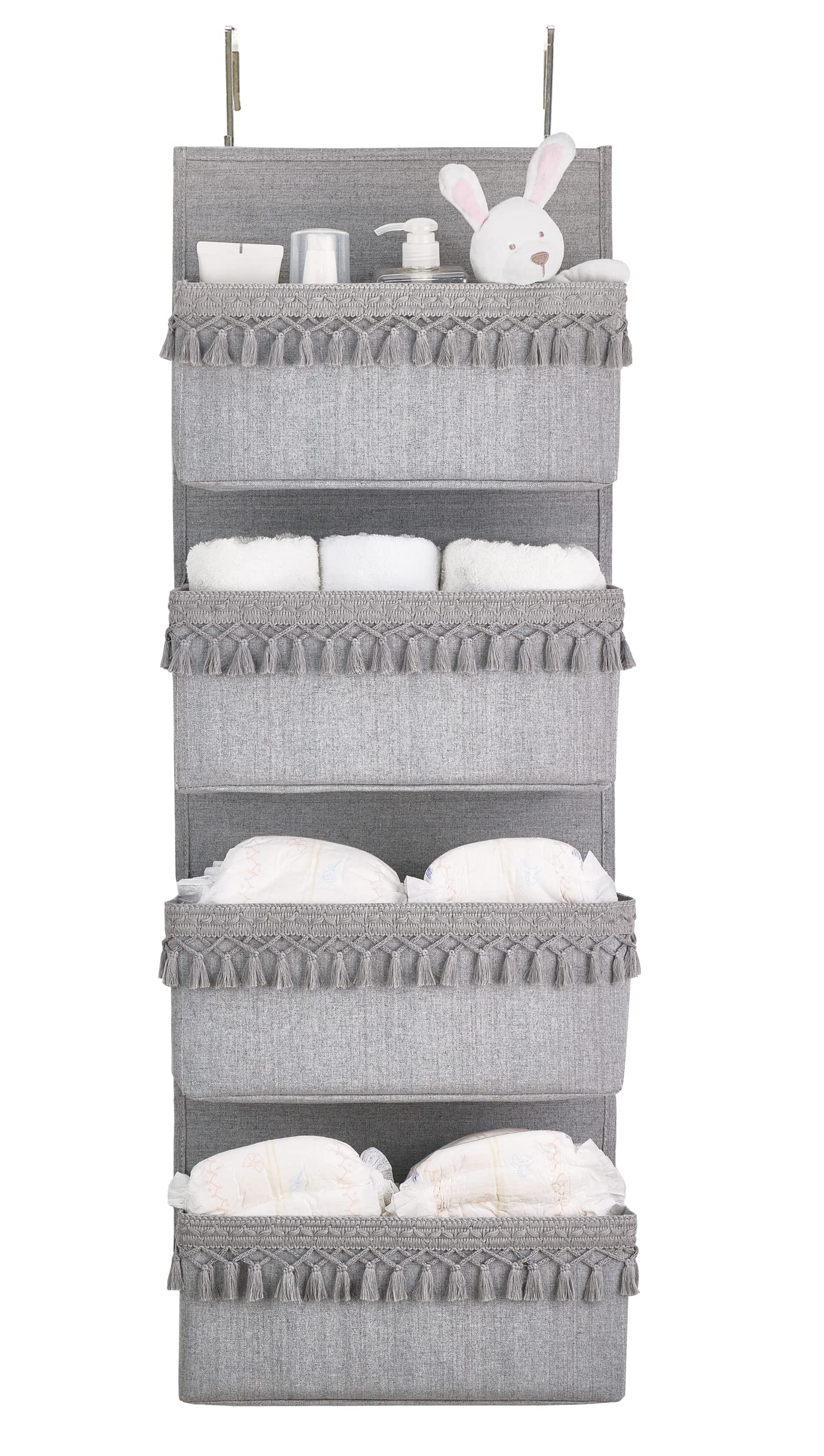 Photo 1 of Dahey Over The Door Organizer Boho Nursery Storage Decor Closet Hanging Organizer with Tassels Decoration for Bedroom Nursery Bathroom Apartments Dorm Pantry, 4 Pockets, Grey