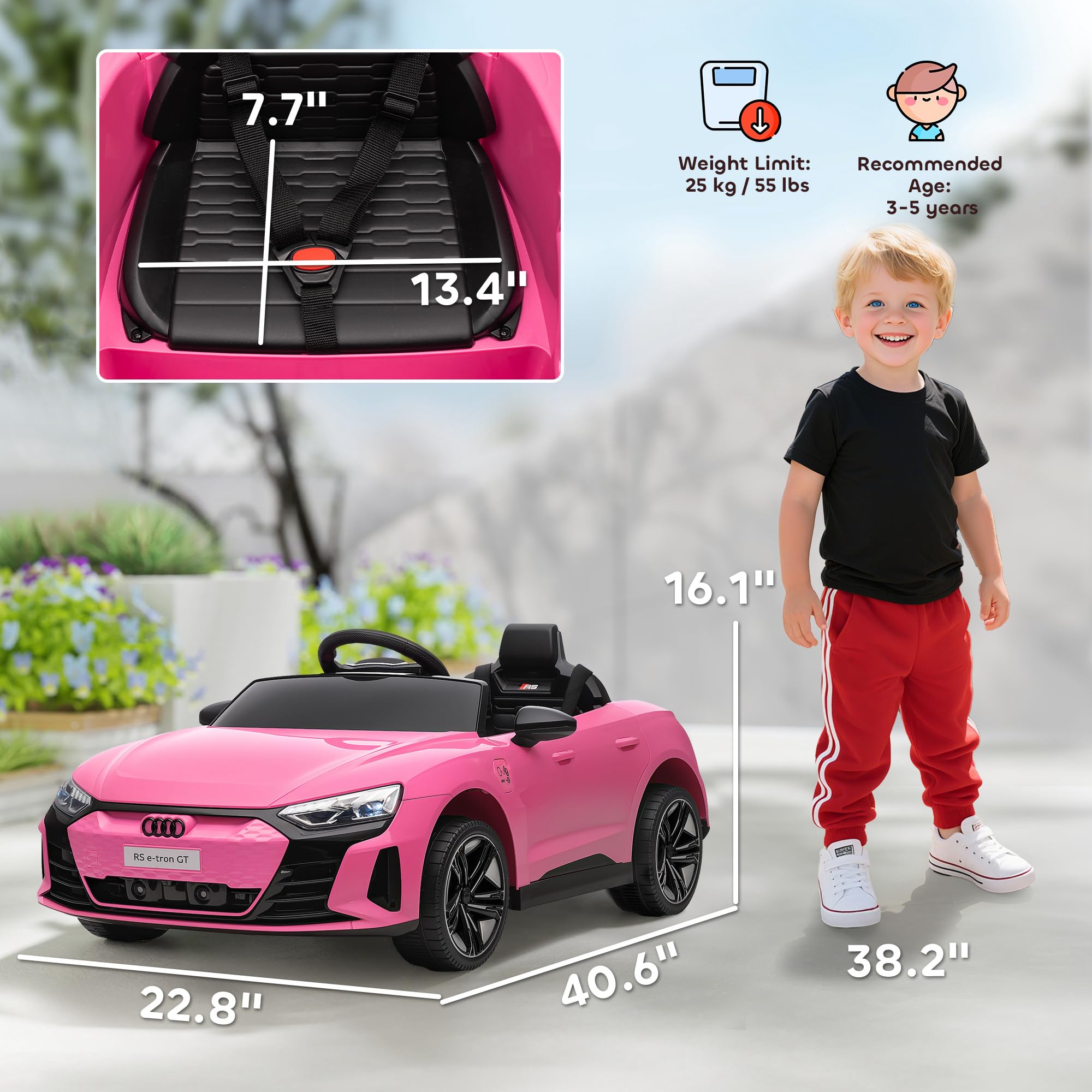 Aosom Electric Car for Kids, 12V Licensed Audi RS E-tron GT 3.1 MPH Kids Ride on Car, Ride-on Toy with Remote Control, 4 Suspension Wheels, Horn, Music, Lights, for Boys and Girls, Pink