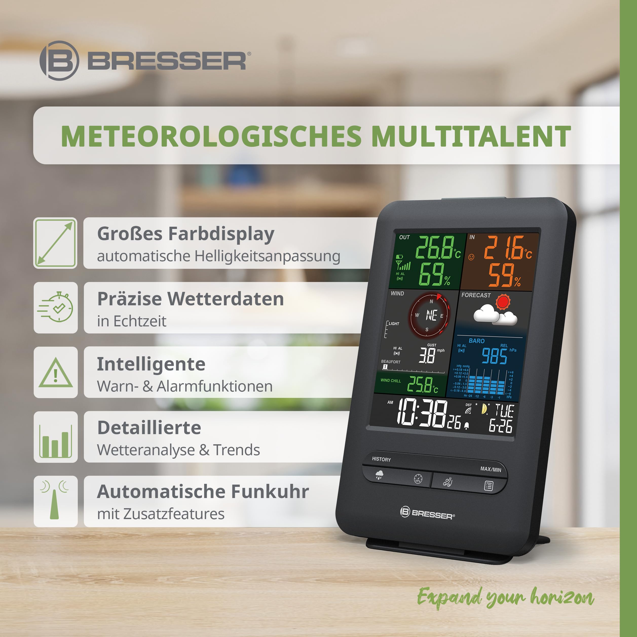 Bresser 7002525 Wetterstation Funk mit Außensensor 5-in-1 Beaufort mit großem Farbdisplay, Sensor für Temperatur, Luftfeuchtigkeit, Luftdruck, Windrichtung und Regenmesser, Schwarz, Einzigartig 3