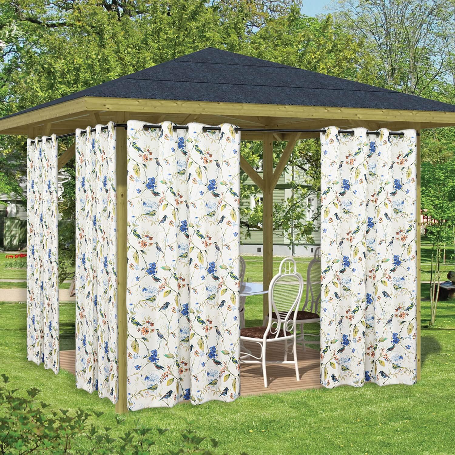 Outdoor Curtains - VOGOL Outdoor Curtains for Patio, Privacy Outside Solid Treatments for Pergola, Birds Pattern Light Filtering Grommet Drapes 84 Inch Long, 1 Panel