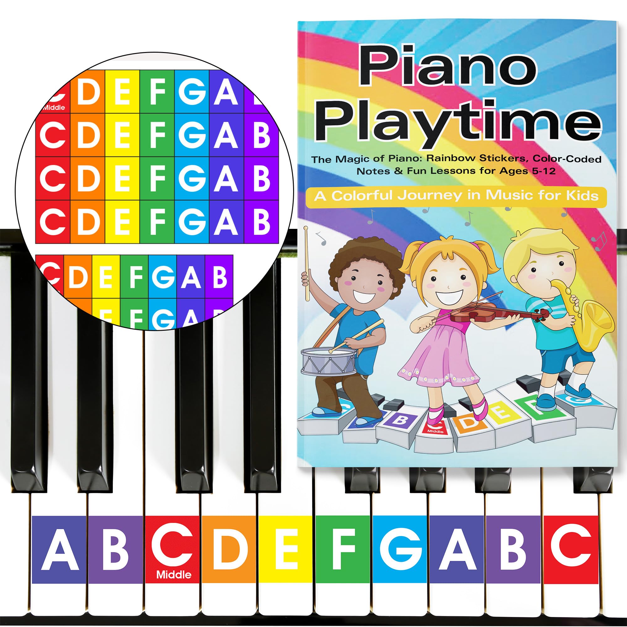 QMG Rainbow Color Piano and Keyboard Sticker and Kids Piano Learning Book Easy to Follow Instructions for Kids, Beginner Piano Book for Children, Easy Piano Sheet Music for Kids…