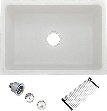 Kingo Home 25 Inch Drop In Undermount Single Bowl Beige Quartz Kitchen Sink Kitchen Sink With Basket Strainer Assembly And Roll Up Dish Drying Rack Amazon Com