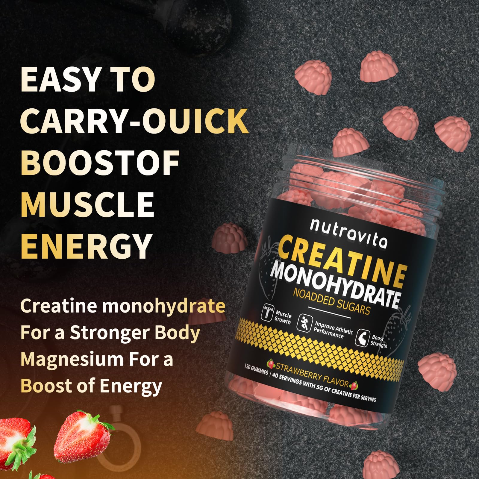 Nutravita Creatine Monohydrate Gummies for Men & Women-5g of Creatine Monohydrate per Serving - Sugar Free,Vegan, Strawberry Flavor, 120 Count