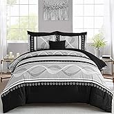 Anibedding Black Comforter Set Queen Size,8 Pieces Boho Bed in a Bag Patchwork Striped Comforter Set, Soft Microfiber Bedding Set for All Season(90"×90")