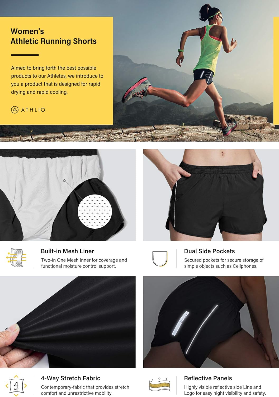 ATHLIO 2 Pack Women's Running Shorts with Pockets, Dry Fit Exercise Workout Shorts, Jogging Sports Athletic Shorts Mesh Liner: Clothing