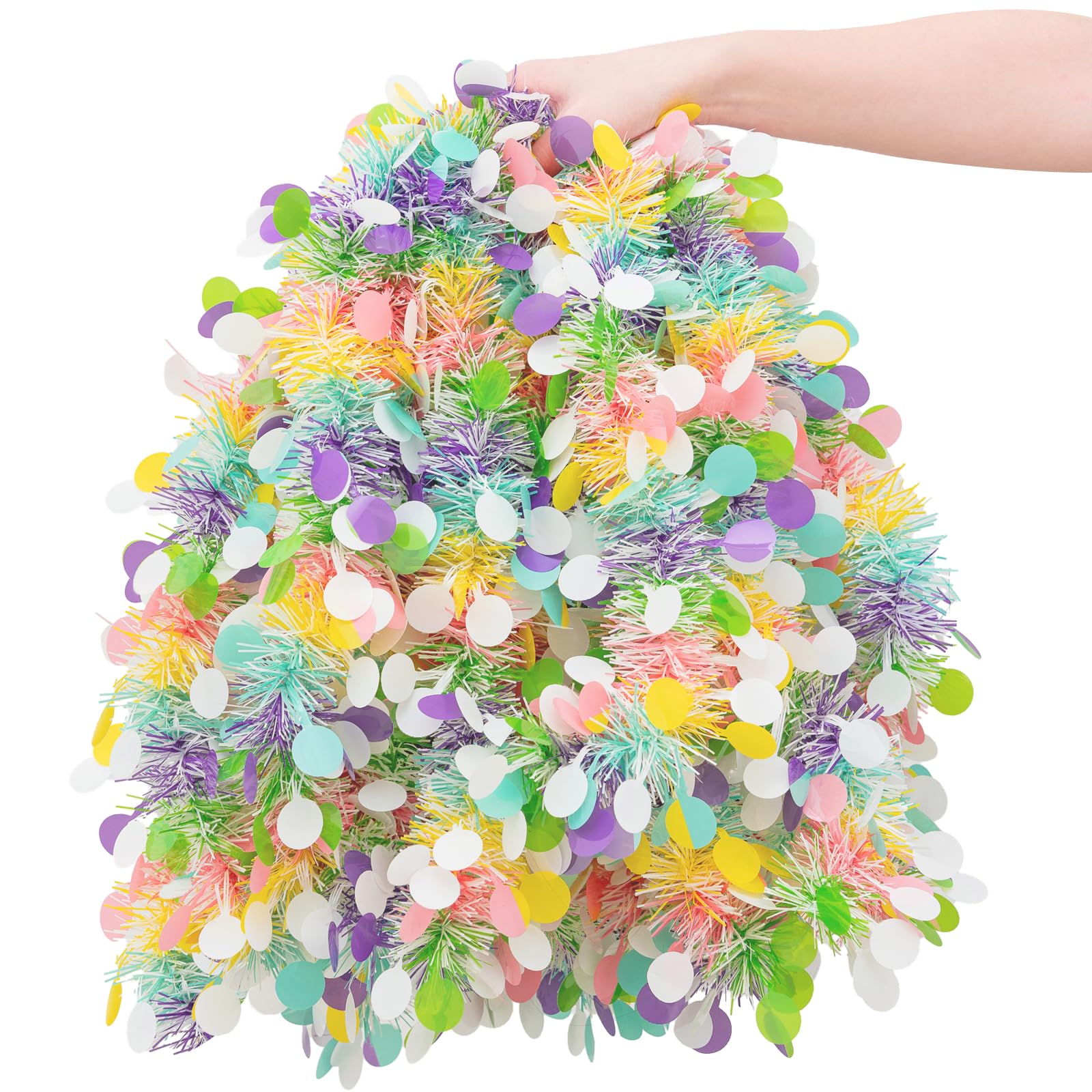 50.8FT Easter Tinsel Garland Colorful Metallic Twist Foil Tinsel Garland with Confetti Spring Hanging Garland for Easter Party Door Tree Indoor Outdoor Decoration