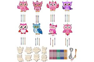 TREACLUB 16 Pack Valentine's Day Owl Wind Chime Kits for Kids, Make Your Own Owl Wind Chime DIY Coloring Paint Owl Wooden Arts and Crafts Birthday Gifts for Girls Boys Valentine's Day Crafts
