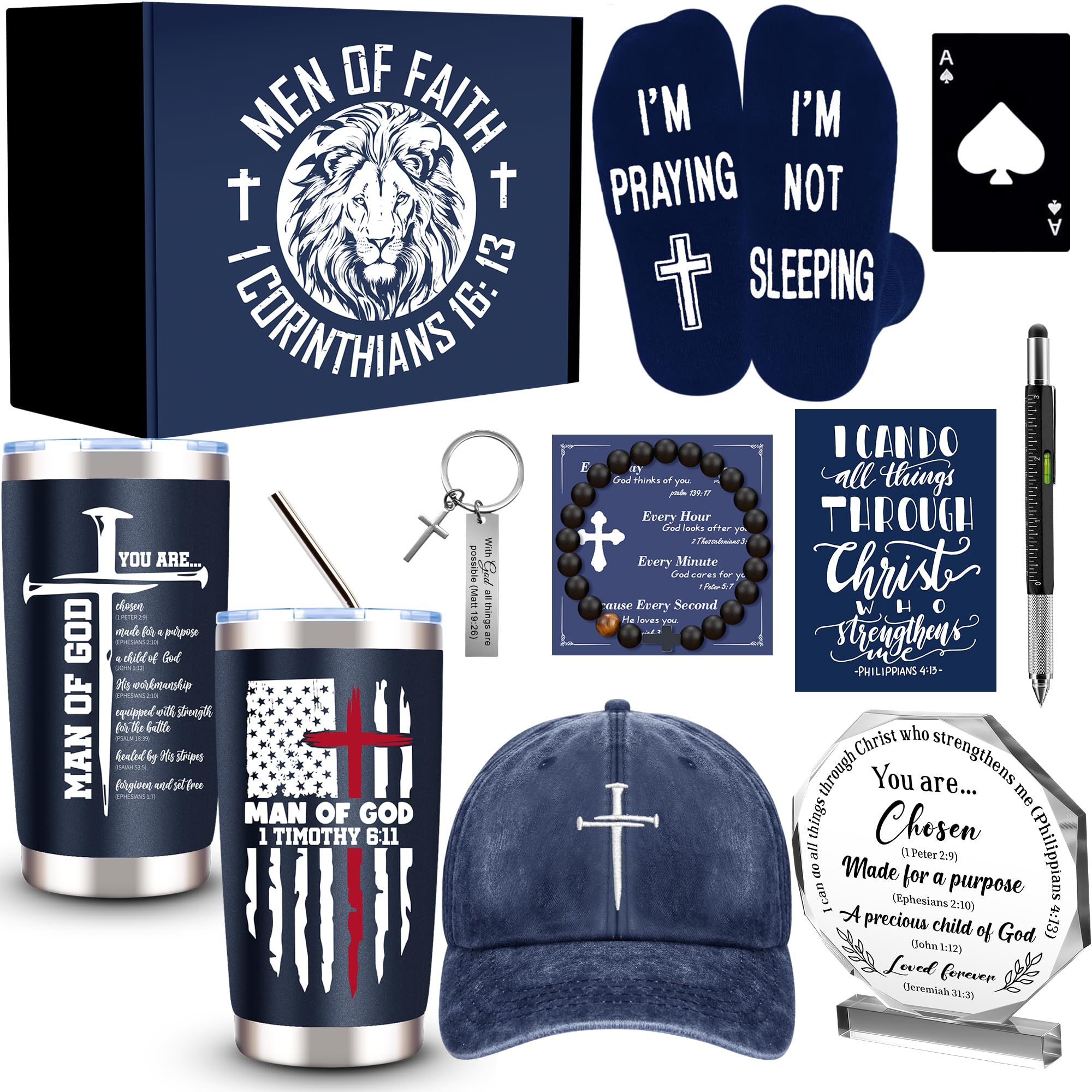 Photo 1 of 10 Pcs Christian Gifts for Men Faith, Inspirational Religious Gifts, Catholic Gift with 20 Oz Tumbler Bible Verses Crystal Plaque Hat Socks Bracelet Keychain for Husband, Dad, Grandpa, Friends