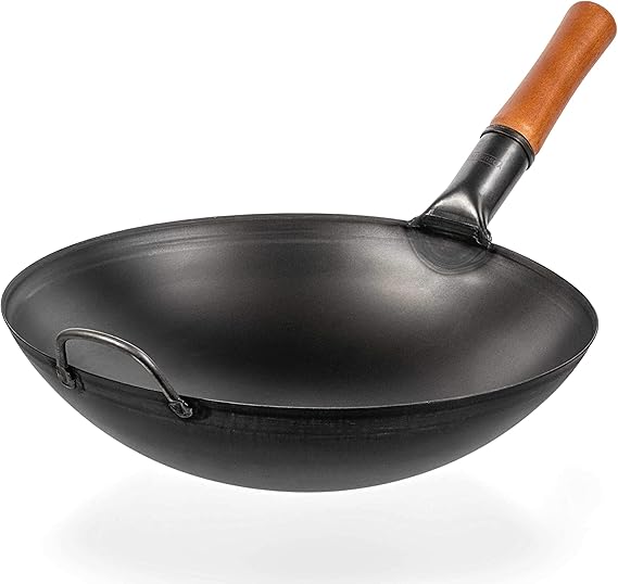 PreSeasoned Carbon Steel Wok Pan 14 “ Woks and Stir Fry Pans