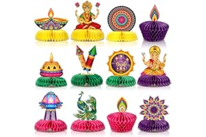 CLABBY 12 Pieces Diwali Party Decorations Paper Honeycomb Centerpiece Table Toppers, Festival of Lights Party Supplies for Happy Diwali Indian Deepavali Hindu Party