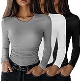 Velvelhall 3 Pack Women's Long Sleeve Shirts, Crew Neck Side Ruched Tops Slim Fit Casual T Shirts Basic Fashion Tight Tees