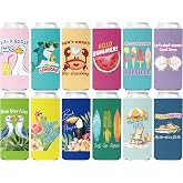 Beach Slim Can Cooler Sleeves, 12 Pack Funny Beer Cozy Summer Gifts Bulk | Neoprene Summer Drink Sleeves for Beach Party, Pool Party, Girls Trip Weekend