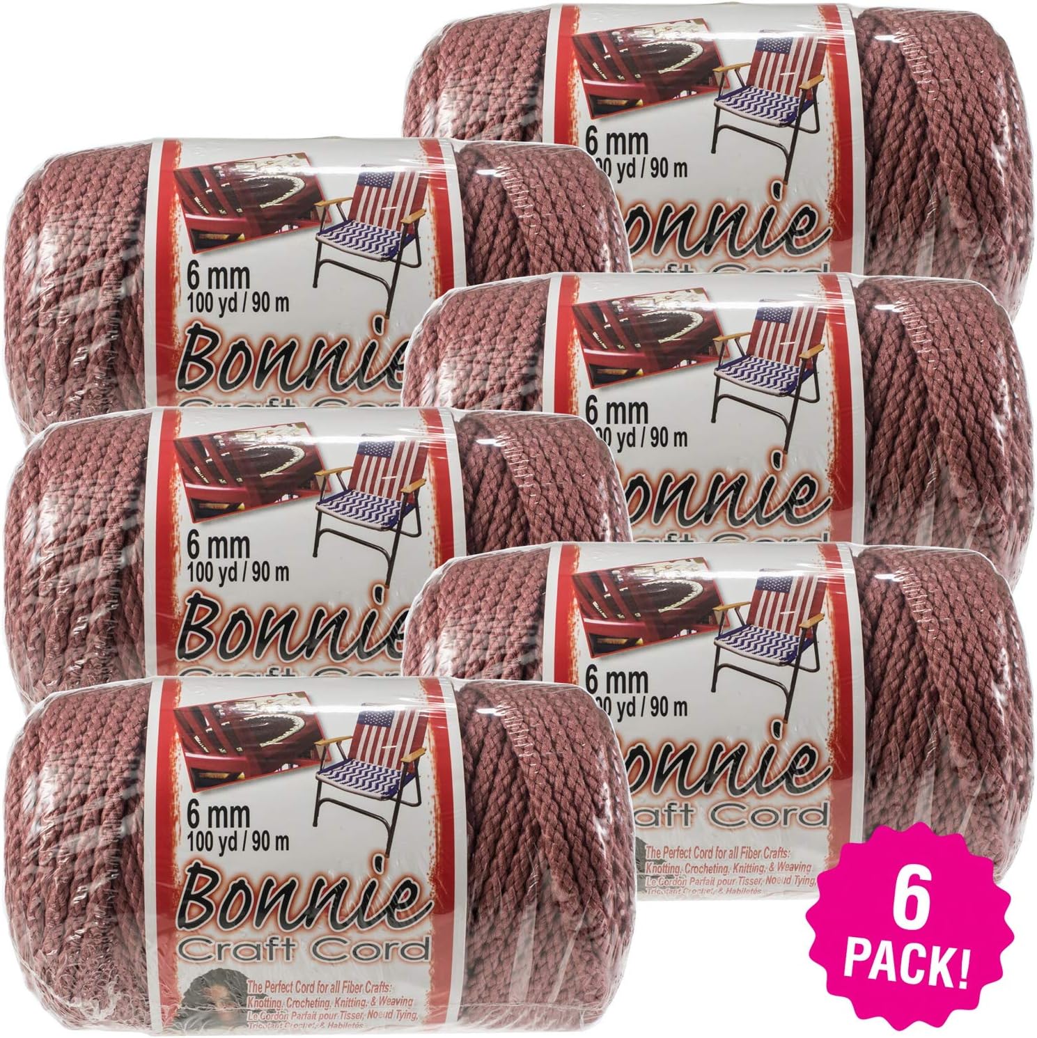 Pepperell Bonnie Macrame Craft Cord 6mmx100yd 6/Pkg, Rose 6 Pack