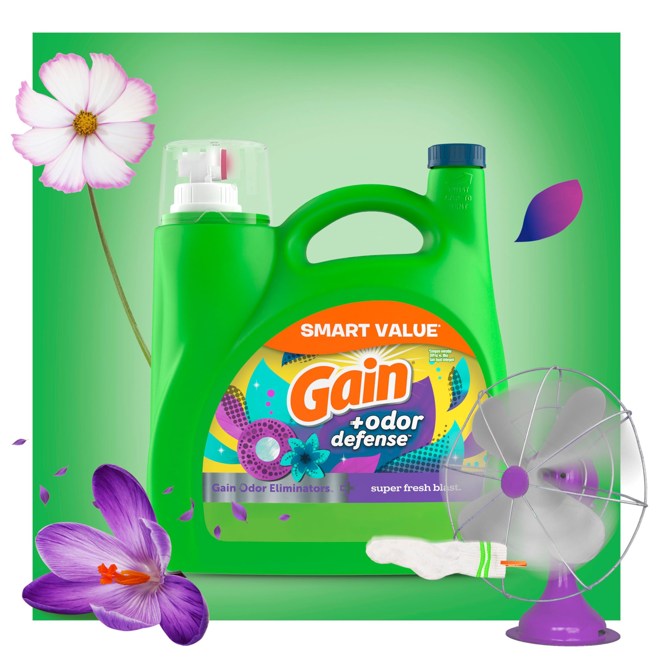 Gain + Odor Defense Liquid Laundry Detergent, Super Fresh Blast Scent, 107 Loads, HE Compatible