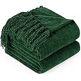 GINAMUSE Chenille Throw Blanket for Couch with Tassels,50"X60" Soft Cozy Lightweight Knitted Boho Decorative Blankets for Bed and Sofa,Dark Green