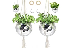 Tialero Disco Ball Planter, 2 Pack 8" Disco Planter with Hanging Rope, Hanging Chain & Hook & Ring Stand, Disco Ball Plant Hangers for Indoor and Outdoor Plants (Silver, 8"+8")