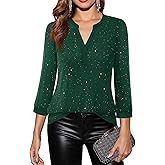 Timeson Women's 3/4 Sleeve Blouses Casual V Neck Dress Shirts Double Layers Mesh Tunics Tops