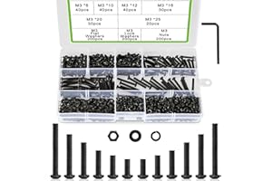 K Kwokker 800Pcs M3 8/10/12/16/20/25mm Hex Button Head Cap Screw Bolts and Nuts Kit, Upgraded Zinc Plated 10.9 Alloy Steel Nuts and Bolts Assortment Kit with Lock Washer Black Metric Machine Screws