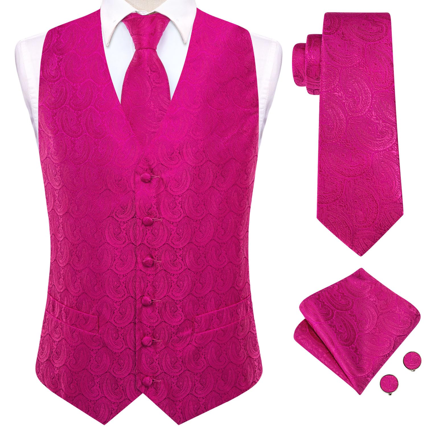 Dubulle Hot Pink Mens Suit Vest Tie Set Paisley