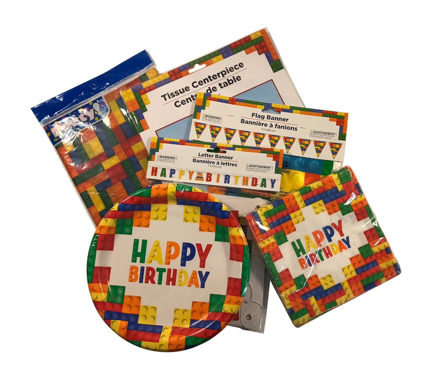 Building Blocks Birthday Party Supply and Decoration Set: A Bundle for 18 Guests: Large Paper Plates, Large Luncheon Napkins, Table Cover, Flag Banner, Happy Birthday Letter Banner and a Centerpiece