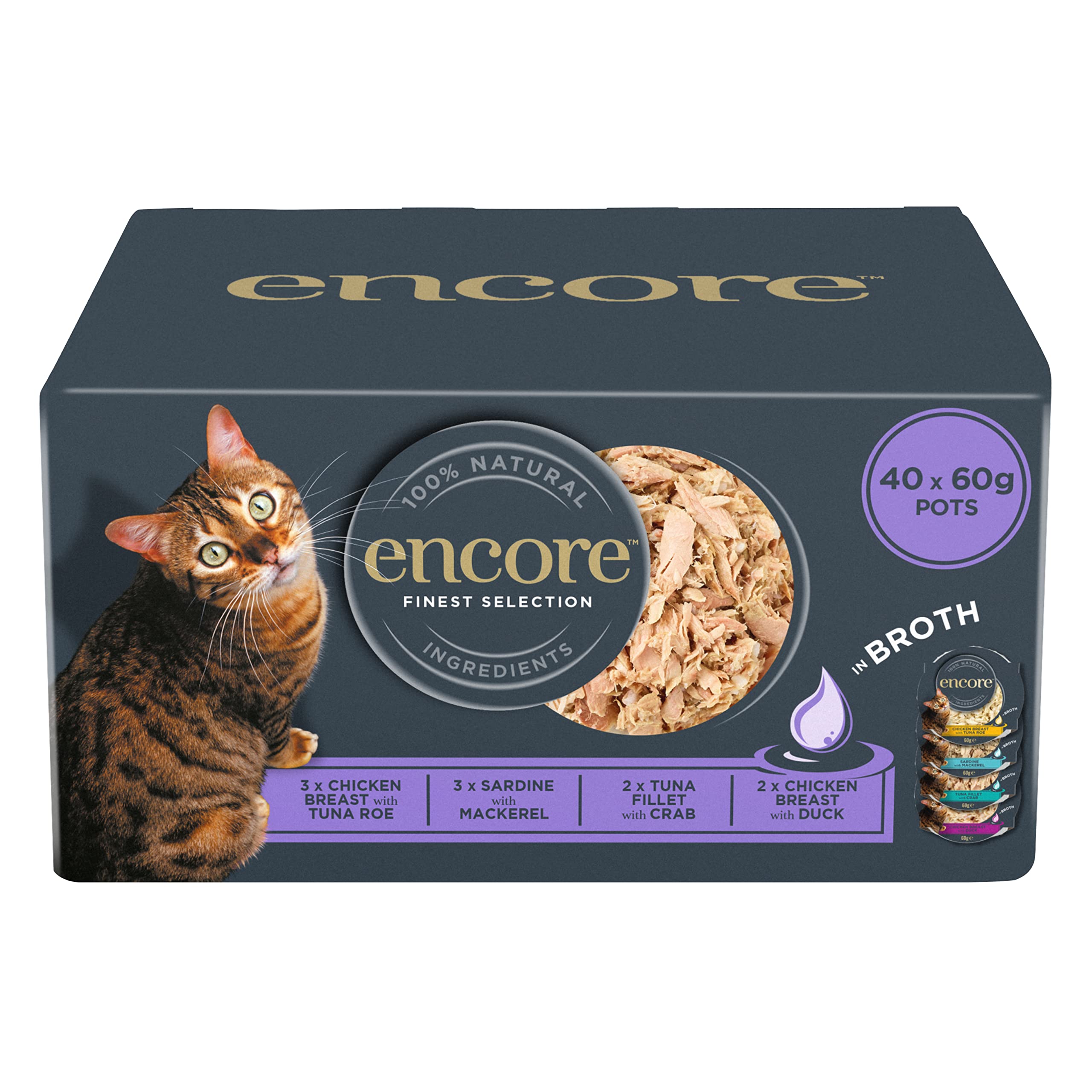 Encore 100% Natural Wet Cat Food Pot, Multipack Fish and Chicken Selection in Broth 60g Pot (Pack of 40)