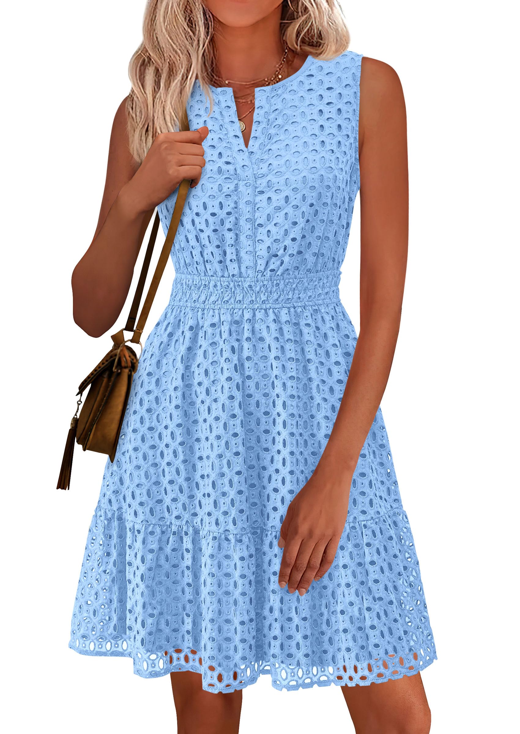 Photo 1 of PRETTYGARDEN Women's Summer Dresses 2025 Sleeveless V Neck Eyelet Hollow Out Swing A Line Beach Vacation Sun Dress (Light Blue,Medium)