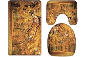 A.Monamour Golden Autumn Season Orange Yellow Fallen Leaves Forest Trees in Park Nature Scenery Landscape Print Flannel Toilet Seat Covers Toilet Lid Covers Cushions Bath Mat Rug Toilet Accessories