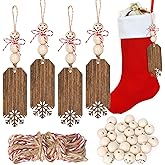 JarThenaAMCS 12 Sets Christmas Stocking Name Tags DIY Snowflake Wooden Hanging Blank Signs with Snowman Wood Beads and String Winter Xmas Unfinished Ornaments for Home Party Farmhouse