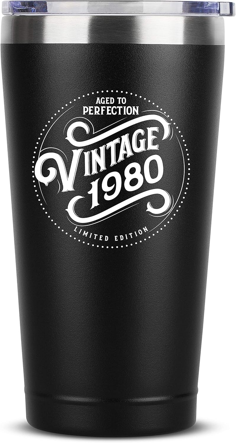 1980 40th Birthday Gifts for Women Men - 16 oz Black Insulated Stainless Steel Tumbler w/Lid - Vintage 40 Year Old Best Gift Present Ideas for Mom Dad - Tumblers Party Decorations Supplies Presents