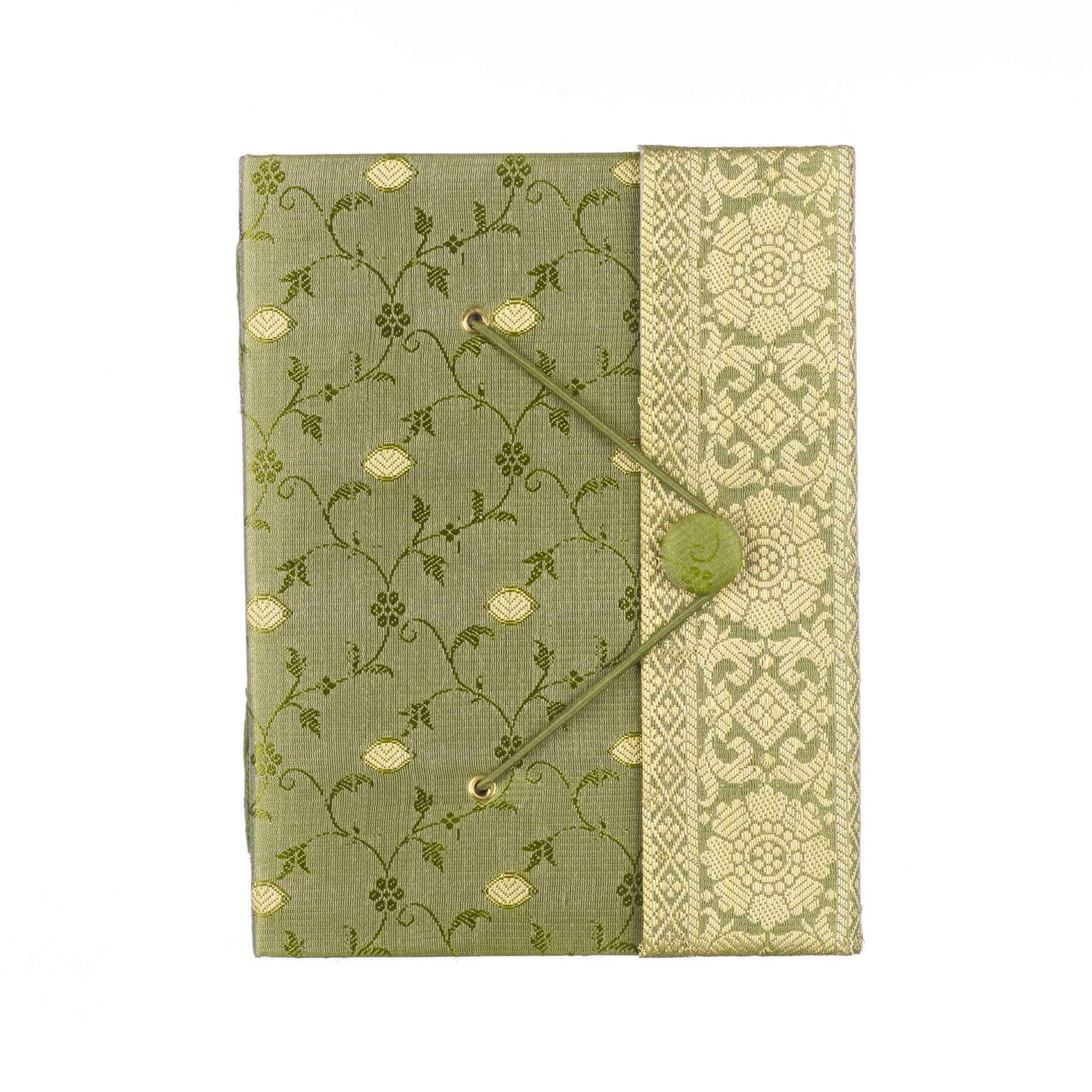 Sari Journal Large 14cm x 18.5cm - Green - Unlined Recycled Paper - Elastic Closure - Notebook and Diary - Indian Stationery Gift - For Men Women Students - Sari Fabric