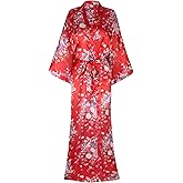 Women's Long Kimono Robes Silky Floral Bathrobe with Blossoms Printed Bridesmaid Wedding Nightgown