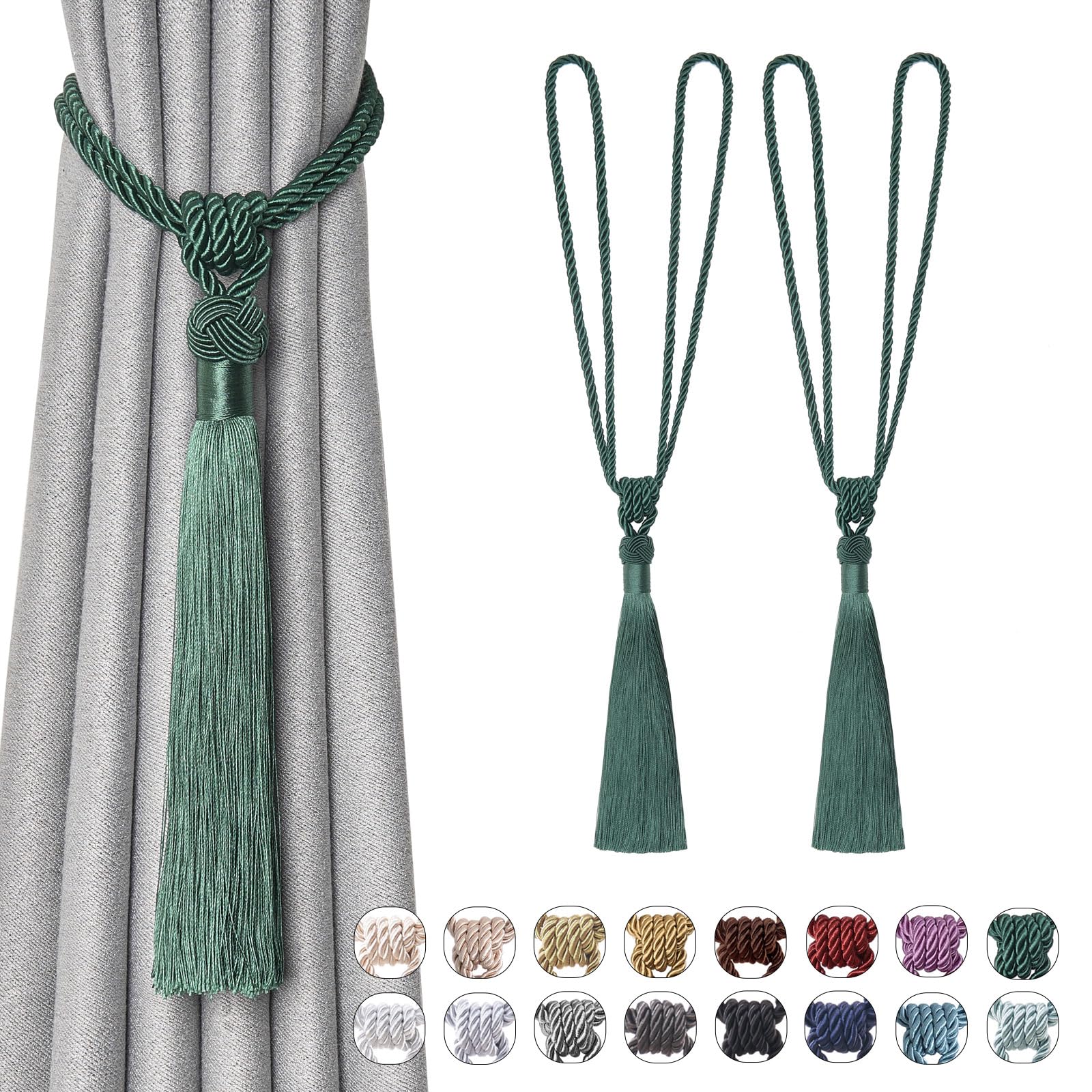 Pretty Jolly 2 Pack Long Tassel Curtain Tiebacks Handmade Braided Rope Knot Drape Tie Backs European Style Decorative Curtain Holdbacks for Home & Office Window Drapery (Green)