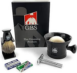 G.B.S Men's Shaving Set - Mug Butterfly 3" Long Safety Razor, Pure Badger Brush, Drip Stand Brush Holder Natural Shave Soap Christmas Ideal Gift Choice Glossy Metal Non Slip Handle