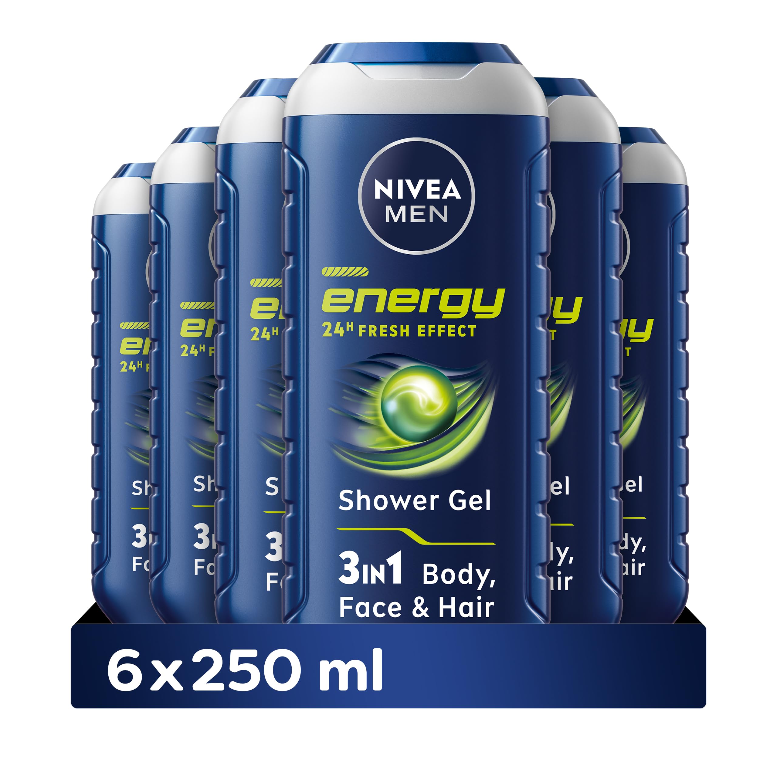 NIVEA MEN Energy Shower Gel Pack of 6 (6 x 250 ml), Moisturising 3-in-1 Body Wash for Men with Mint Extract, Energising NIVEA MEN Shower Gel
