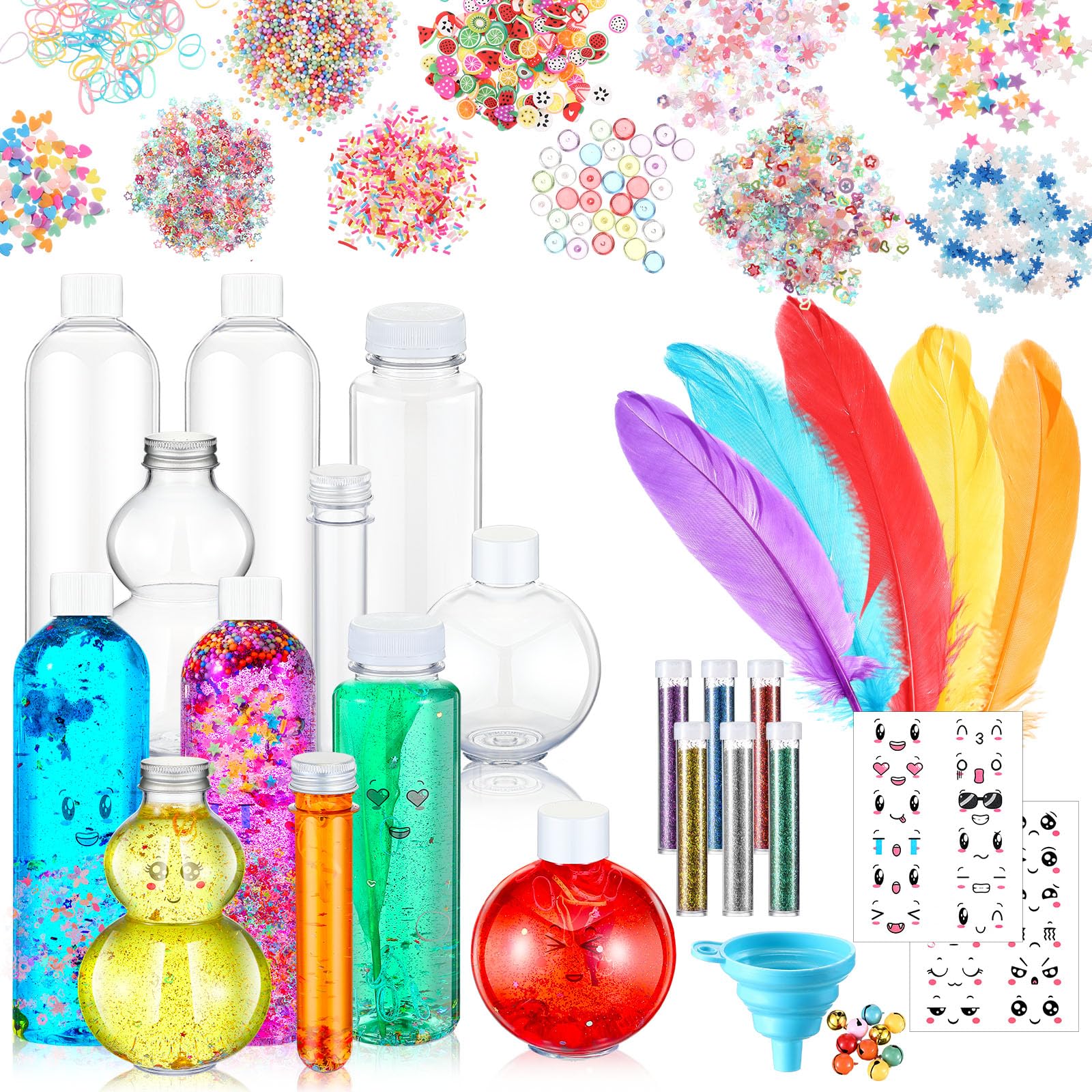 Photo 1 of Baderke 12 Pcs Sensory Bottles Kits Plastic Clear Bottles with Lids Calm Down Containers Include Funnel, Glitters, Stickers, Glitter Powder, Feathers, Small Color Balls for DIY Art Classroom Crafts