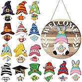 Qunclay Interchangeable Wooden Gnome Decor Holiday Seasonal Gnome Decorations with Magnet Pieces and Detachable Hats Changeable Welcome Sign for Home (Farmouse)