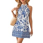 Floerns Women's Sleeveless Floral Sundress Halter Neck A Line Short Dress | Halter Dresses for Women, Hawaiian Dresses, Tropical Dresses, Summer Dresses for Women