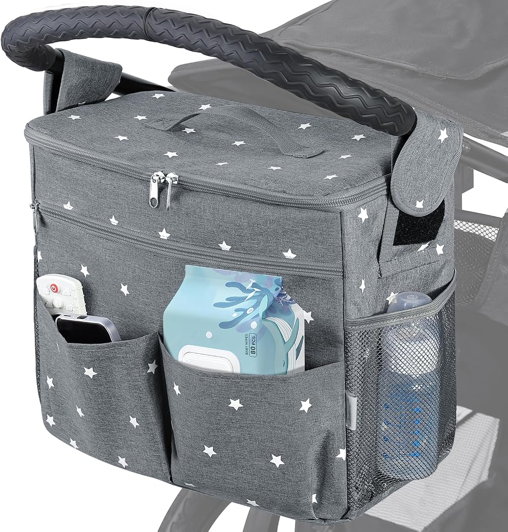 Orzbow Large Pram Bag 22L Stroller Organizer with Cup Holder Grey