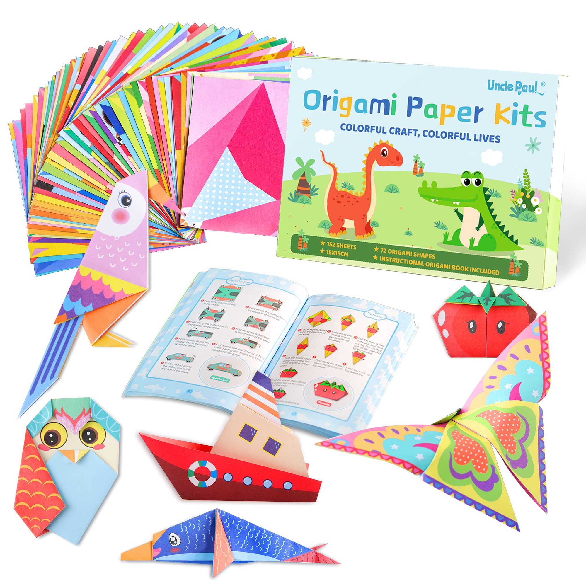 72 Patterns Origami Paper Kit for Kids - 152 Sheets 6 Inch Double Sided Folding Paper - Colorful Instructional Origami Book DIY Arts Crafts Projects Gifts for Beginners Kids Boys Girls UAP09