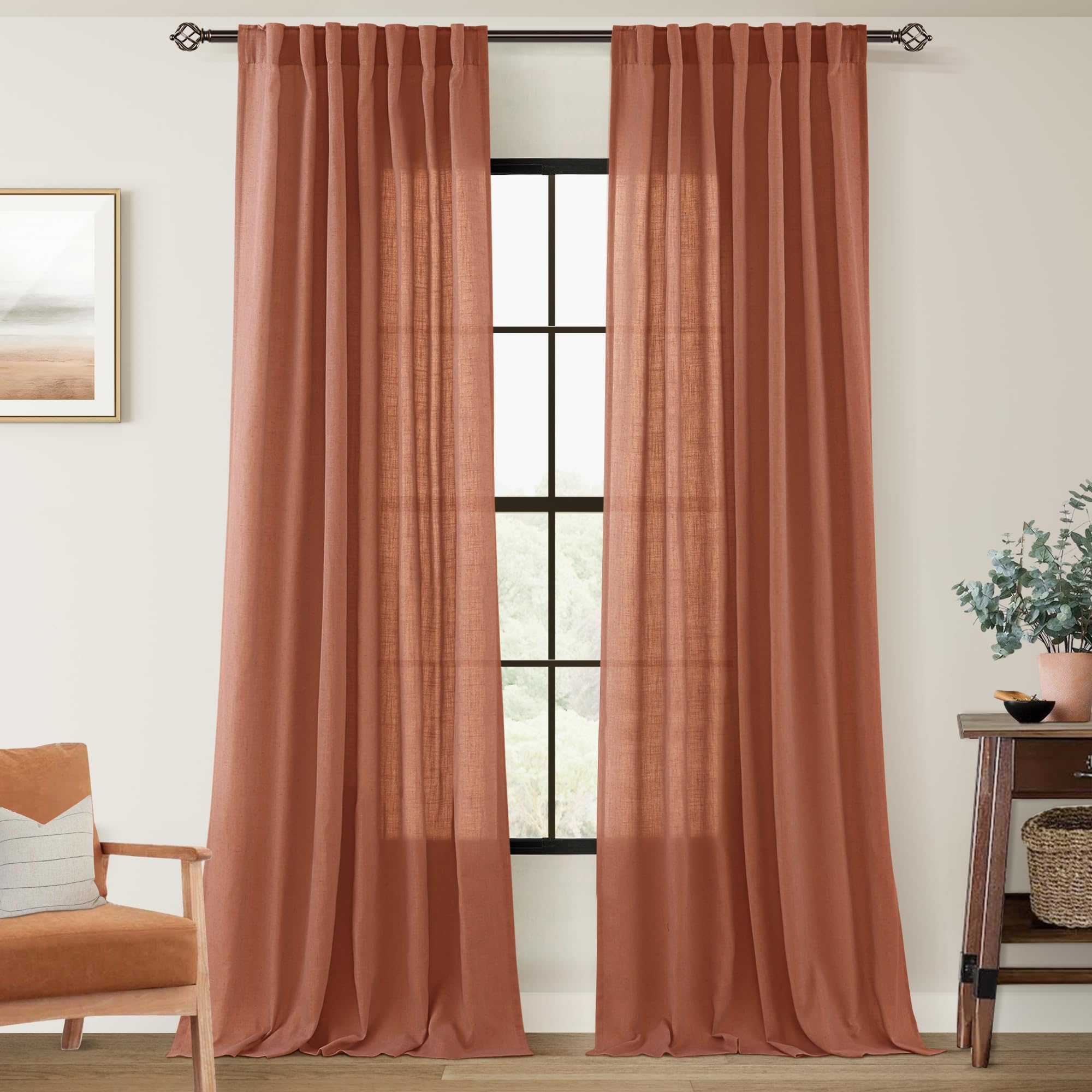 Photo 1 of 108 inch Linen Terracotta Curtains 2 Panels for Living Room Back Tab Light Filtering Semi Sheer Rust Colored Curtains 108 inches Long Soft Thick Cotton Cloth Textured Rustic Boho Farmhouse Room Decor
