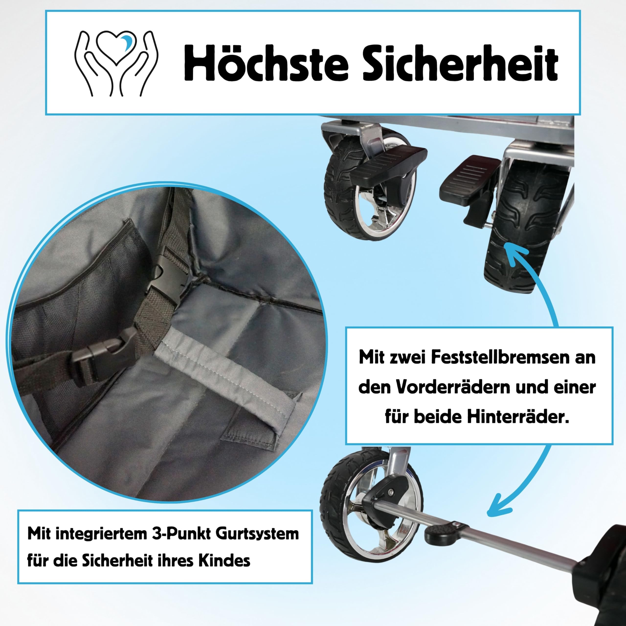 IMLEX Bollerwagen faltbar XXL mit Dach – Handwagen für 2 Kinder bis 80 kg – Schiebegriff & Zugstange – Geländereifen – kompakt klappbar für Strand, Camping, Garten, Zoo & Freizeit IM-4268 Türkis 5