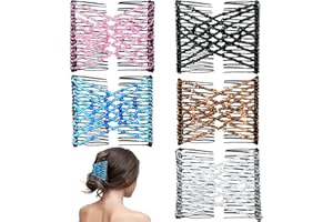 YOLLVKOT 5 Pieces Magic Hair Comb Stretchy Double Comb Elastic Beaded Hair Clips for Women Girls Vintage Hairstyle Multipurpose Hair Accessories (Black, Brown, White, Pink,Blue)