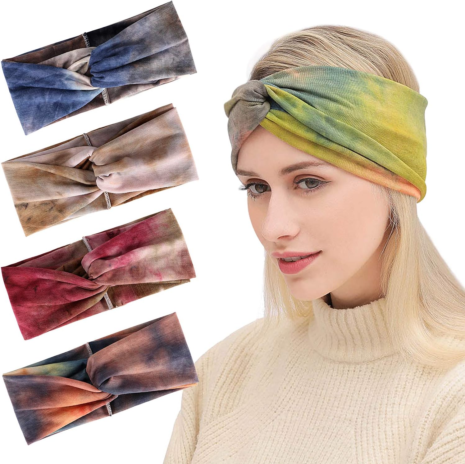 vamei Headbands for Women Hair Hoops with Bee Animal Turban Head Wrap Cross Knot Hairbands with Cloth Wrapped for Girls Hair Accessories Stripe Headbands 4Pcs (A)