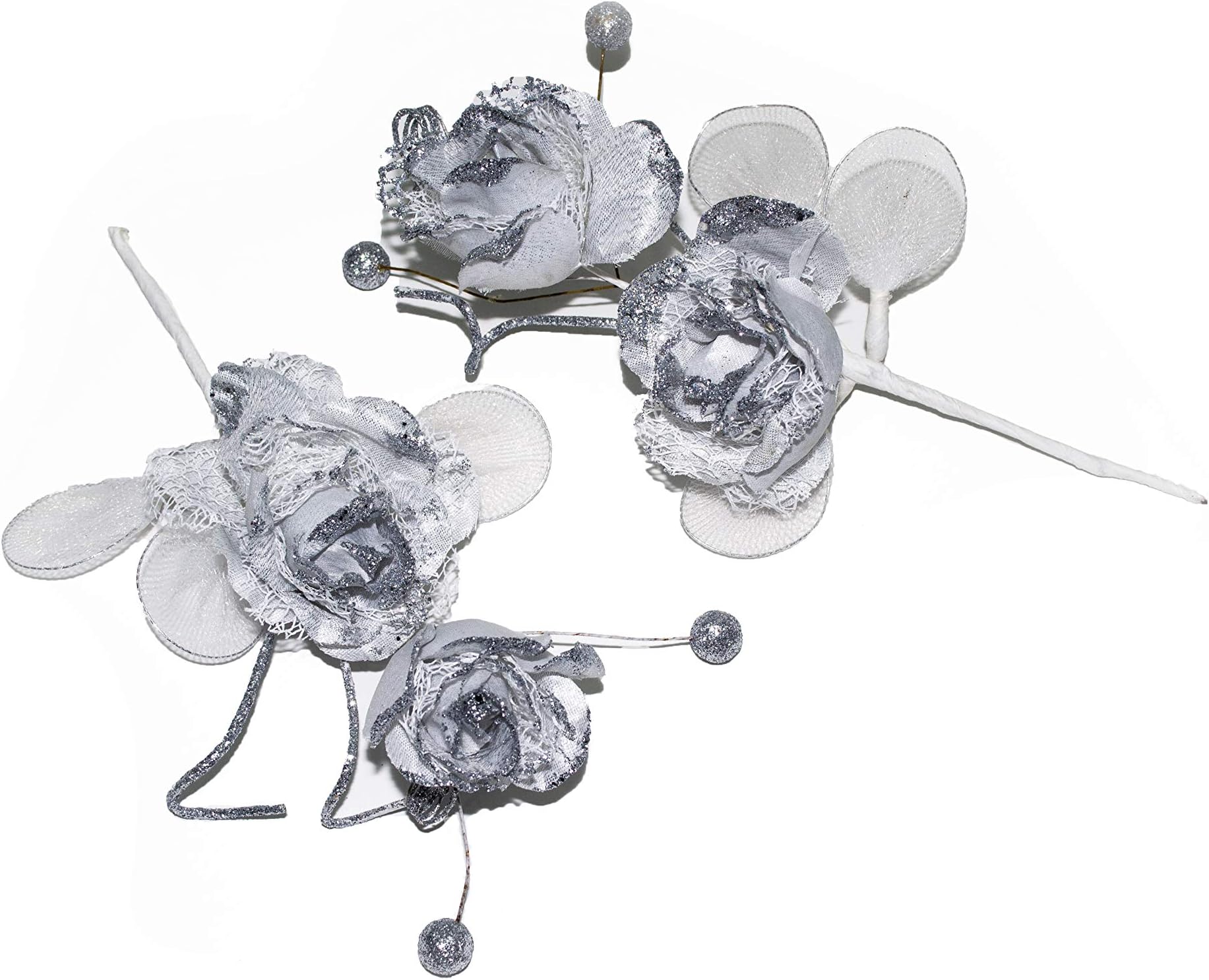 SNU Artificial Decorative Flower Trousseau Packing 2 Pc Silver Glitter Flowers- Big