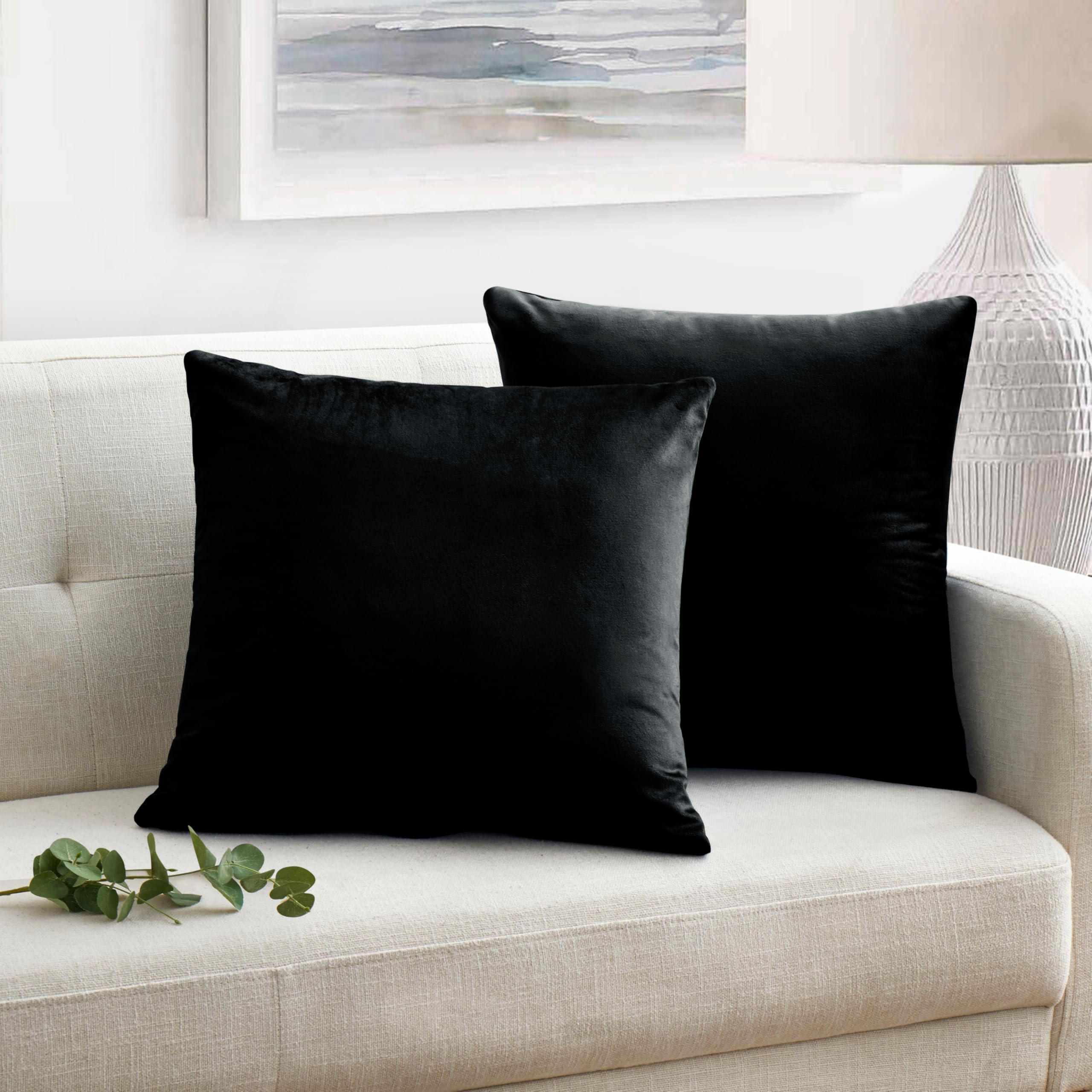 Oxford Homeware Velvet Cushion Covers 45 x 45 cm Black 2 Pack Decorative Square Throw Pillow Cases for Sofa Bedroom Living Room with Invisible Zipper (18 x 18 Inch) — image 1