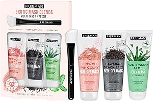Freeman Exotic Blends Facial Mask 4 Piece Set, Peel-Off & Jelly Masks, Cleansing, Pore-Clearing & Hydrating Facial Masks, For All Skin Types, Includes Silicone Mask Brush, Vegan & Cruelty-Free
