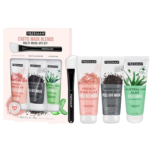Freeman Exotic Blends Facial Mask 4 Piece Set, Peel-Off & Jelly Masks, Cleansing, Pore-Clearing & Hydrating Facial Masks, For All Skin Types, Includes Silicone Mask Brush, Vegan & Cruelty-Free