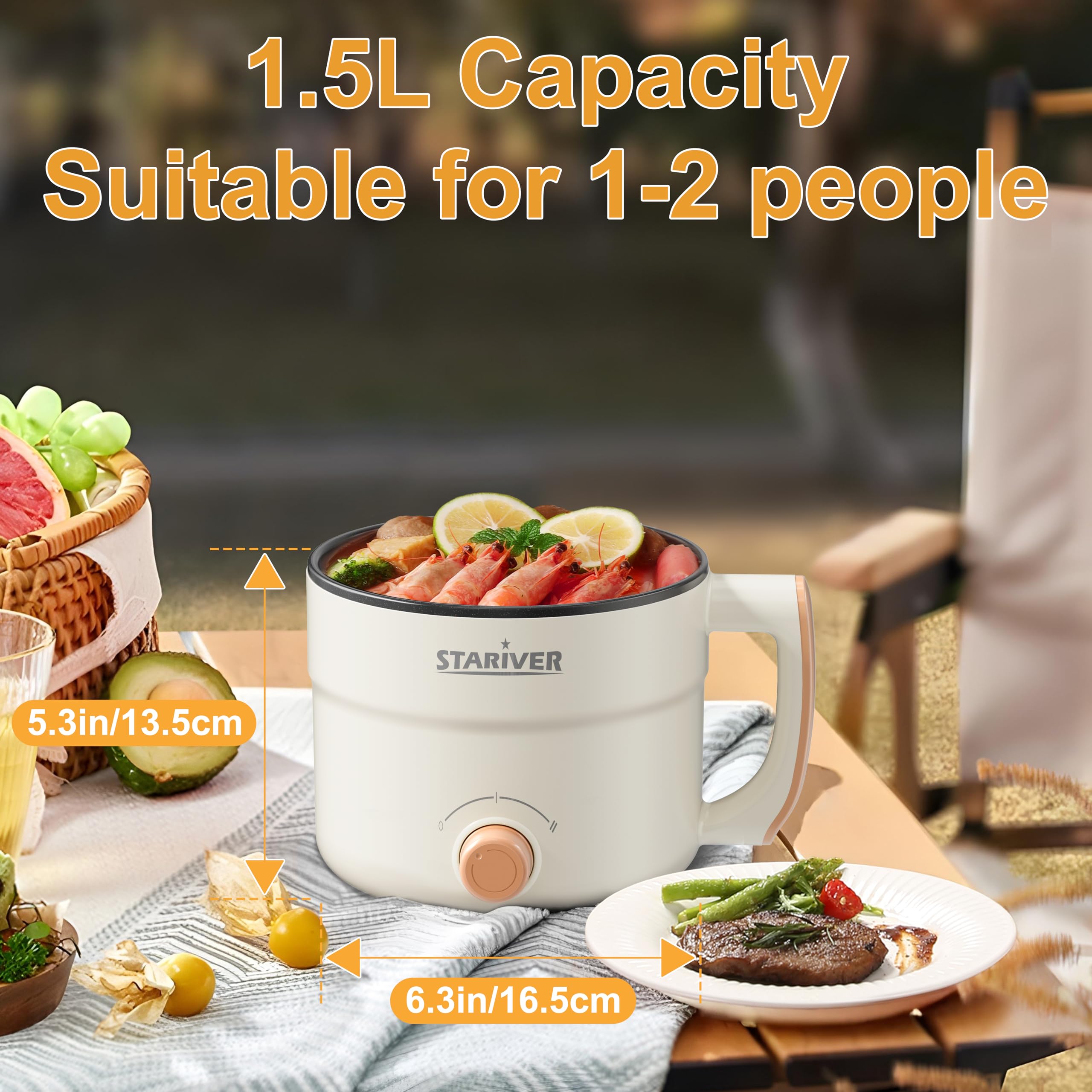 Stariver 1.5L Electric Hot Pot with Dual Power - Mini Portable Non-Stick Noodle Cooker for Ramen, Soup, Pasta, Egg, Oatmeal - Overheat & Boil-Dry Protection - Ideal for Dorm, Office, Travel Gift