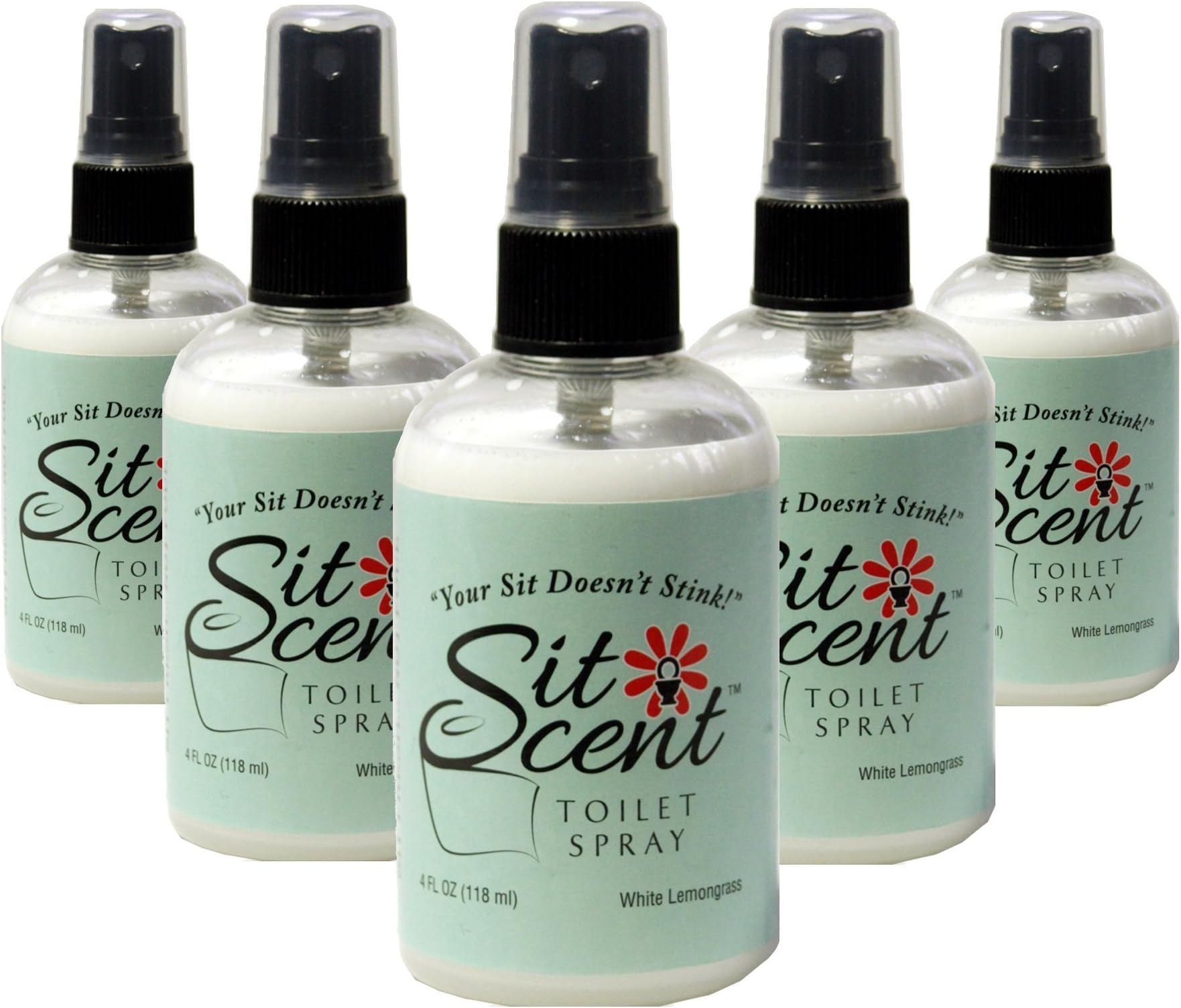 Sit Scent (5 pk, 4 oz) Premium Lemongrass Tea Bathroom Poop Spray, Fresh Mild Scent, Deodorizer/Air Freshener Poo Spray, Made in The USA. Natural, No Harsh Chemicals, Before You Sit Toilet Spray